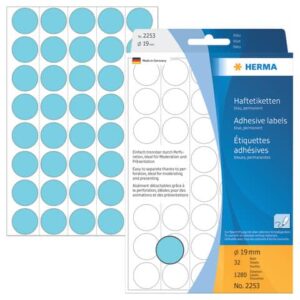 2253 Vielzwecketiketten - blau, Ø 19 mm, matt, Trägerpapier perforiert, 1280 Stück