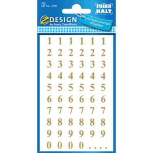 3728 Zahlen-Etiketten - 0-99, 7,5 mm, gold, selbstklebend, witterungsbeständig, 124 Etiketten