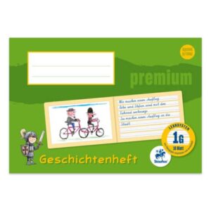 Geschichtenheft PREMIUM LIN 1G - A5 quer, 90g/qm, 16 Blatt, blanko/liniert mit verstärkter Grundlinie