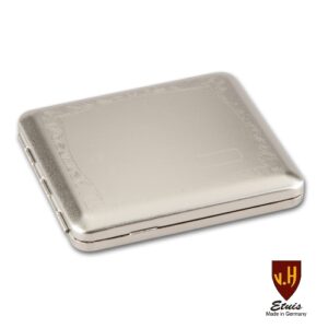 Zigarettenetui Metall 18er satiniert Nickel, m Randdecko, Gravurfeld Gummizug