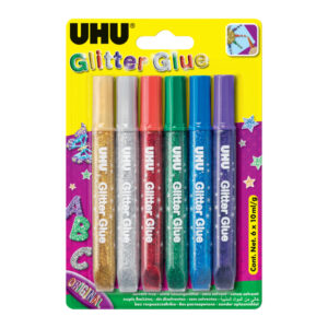 Young Creativ' Glitter Glue ORIGINAL - 6 x 10 ml, 6 Farben sortiert, Infokarte