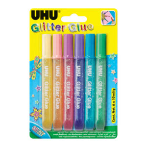 Young Creativ' Glitter Glue SHINY - 6 x 10 ml, 6 Farben sortiert, Infokarte