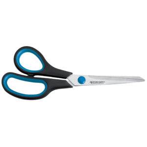 Schere Easy Grip, Linkshand, rostfrei, gebogen, asymmetrisch, blau/sw, 21 cm