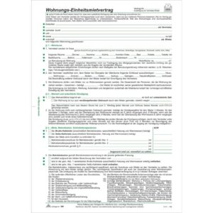 Wohnungs-Einheitsmietvertrag, 4 Seiten, gefalzt auf DIN A4+ Wohnungsgeberbescheinigung, 10 Stück