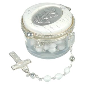 Rosenkranzset - Dose mit Glasrosenkranz, weiß, ca. 39 cm