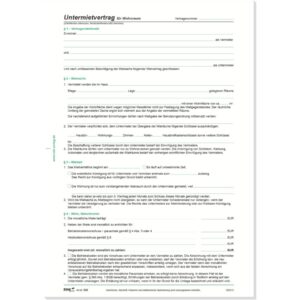 Untermietvertrag für Wohnräume, 4 Seiten, gefalzt auf DIN A4, 10 Stück