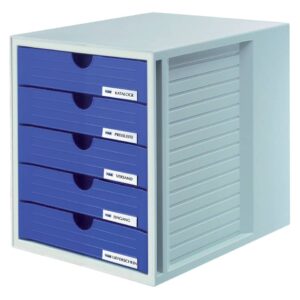 Schubladenbox SYSTEMBOX - A4/C4, 5 geschlossene Schubladen, lichtgrau-blau