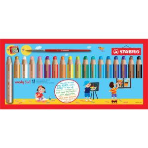 Multitalent-Stift woody 3 in 1 - 18er Pack mit Spitzer und Pinsel, Kartonetui mit Kunststoffeinsatz