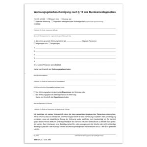 Wohnungsgeberbescheinigung nach § 19 Bundesmeldegesetz (BMG), 2 Seiten, DIN A4