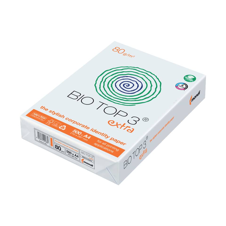 Kopierpapier BIO TOP 3® extra - A4, 80 g/qm, naturweiß, holzfrei, 500 Blatt