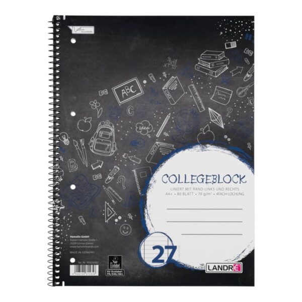 Collegeblock - chlorfrei 70 g/qm, A4+, 9mm liniert, beidseitig Rand, LIN 37, 80 Blatt