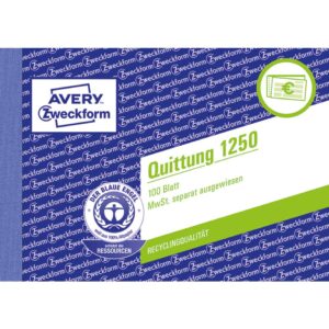 1250 Quittung MwSt. separat ausgewiesen - A6 quer, MP, fälschungssicher, 100 Blatt, weiß