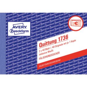1736 Quittung inkl. MwSt. - A6 quer, MP, SD, fälschungssicher, 2 x 40 Blatt, weiß, gelb