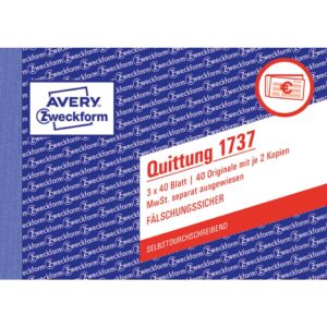 1737 Quittung MwSt. separat ausgewiesen - A6 quer, SD, fälschungssicher, 3 x 40 Blatt, weiß, gelb, rosa