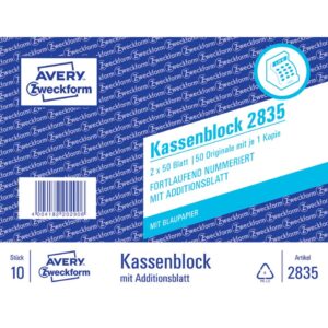 2835 Kassenblock, Kompaktblock, fortlaufend nummeriert, 2 x 50 Blatt, weiß