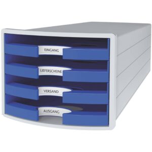 Schubladenbox IMPULS - A4/C4, 4 offene Schubladen, lichtgrau/blau