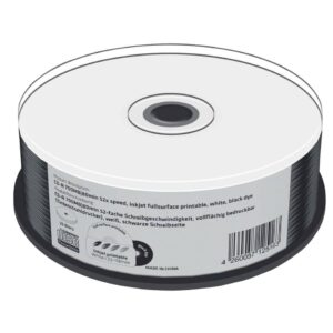 CD-R 700MB, 80min 52-fache Schreibgeschwindigkeit, vollflächig bedruckbar (Tintenstrahldrucker), schwarze Schreibseite, 25er Cakebox