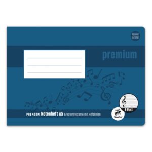 Notenheft PREMIUM Academy - A5 quer, 90 g/qm, 8 Blatt, 6 Notensysteme mit Hilfslinien