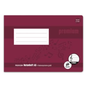 Notenheft PREMIUM Academy - A5 quer, 90 g/qm, 8 Blatt, 4 große Notensysteme