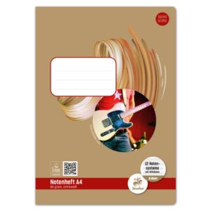 Notenheft - A4, 8 Blatt, 80 g/qm, 12 Notensysteme + Hilfslinien
