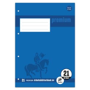 Arbeitsblätterblock PREMIUM LIN 21 - A4, 80 g/qm, 50 Blatt, beidseitig liniert mit Rahmen