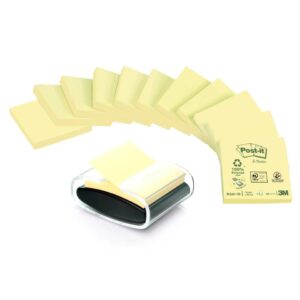 Haftnotizspender Z-Notes Recycling Spender, inkl. 12 Blöcke Post-it® Recycling Z-Notes, 76 x 76 mm, gelb
