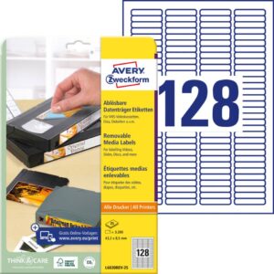 L6020REV-25 Etiketten für Dias, wiederablösbar, 43,2 x 8,5 mm, 25 Blatt/3.200 Etiketten, weiß