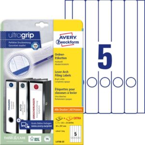 L4758-25 Ordner-Etiketten, 38 x 297 mm, schmale Ordner (lang), 30 Bogen/150 Etiketten, weiß