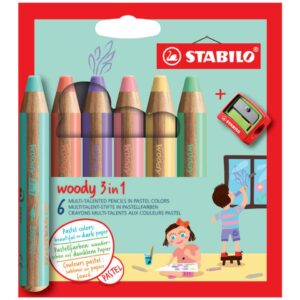 Multitalent-Stift woody 3 in 1 - 6er Pack Pastell mit Spitzer, sortiert