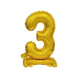 Folienballon Mini Zahl 3 - 15 x 38 cm, mit Standfuß, gold