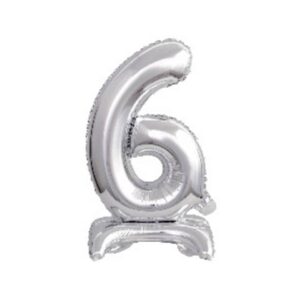 Folienballon Mini Zahl 6 - 15 x 38 cm, mit Standfuß, silber