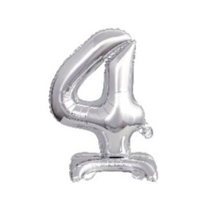 Folienballon Mini Zahl 4 - 15 x 38 cm, mit Standfuß, silber
