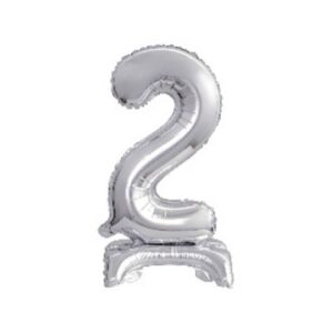 Folienballon Mini Zahl 2 - 15 x 38 cm, mit Standfuß, silber
