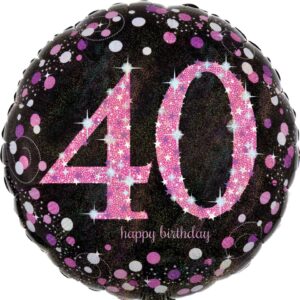 Folienballon Happy Birthday 40 - Ø 43 cm, schwarz/pink, Konfetti