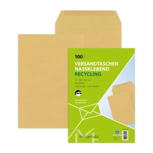 Versandtaschen Recycling - C4 , ohne Fenster, gummiert, 90 g/qm, braun, 100 Stück