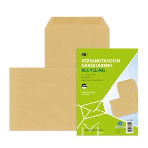 Versandtaschen Recycling - B5 , ohne Fenster, gummiert, 90 g/qm, braun, 50 Stück