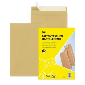 Faltentaschen Recycling - C4, ohne Fenster, 40 mm-Falte, Klotzboden, haftkebend, 125 g/qm, braun, 10 Stück