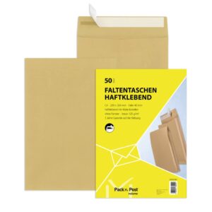 Faltentaschen - C4, ohne Fenster, 40 mm-Falte, Klotzboden, haftklebend, braun, 130 g/qm, 50 Stück