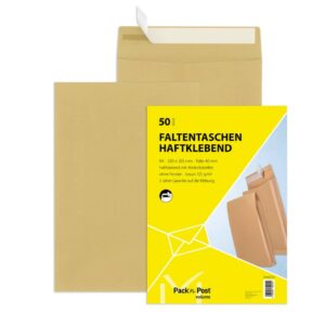 Faltentaschen - B4, ohne Fenster, 40 mm-Falte, Klotzboden, haftklebend, braun, 130 g/qm, 50 Stück
