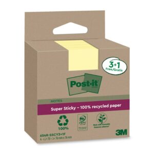 Haftnotiz Super Sticky 100% Recycling Notes - 76 x 76 mm, gelb, 3+1x 70 Blatt