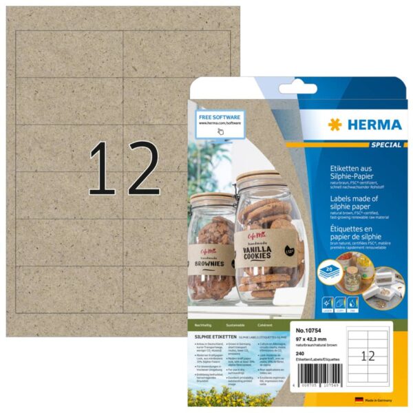 10754 Etiketten Silphie-Papier - A4, 97 x 42,3 mm, naturbraun, permanent, 480 Stück