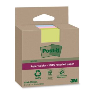 Haftnotiz Super Sticky 100% Recycling Notes - 76 x 76 mm, sortiert, 3x 70 Blatt
