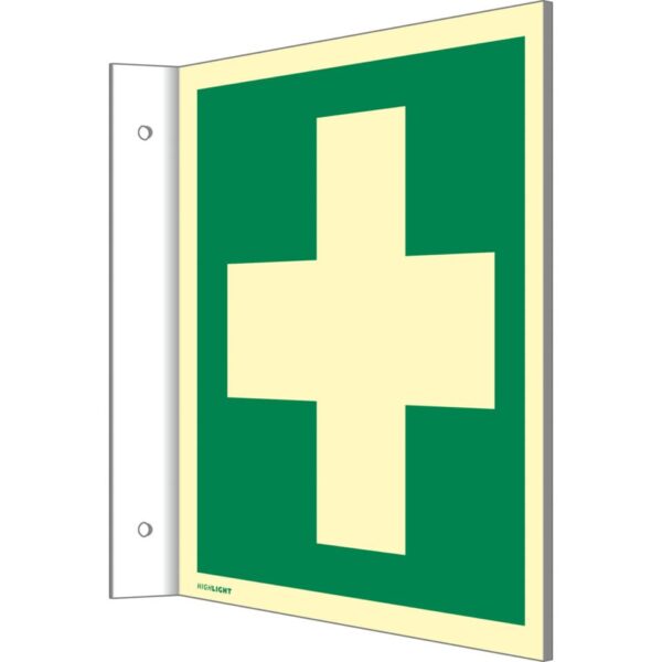 Fahnenschild Erste Hilfe, ISO 7010, Kunststoff, nachleucht.,160-mcd, 148x148 mm