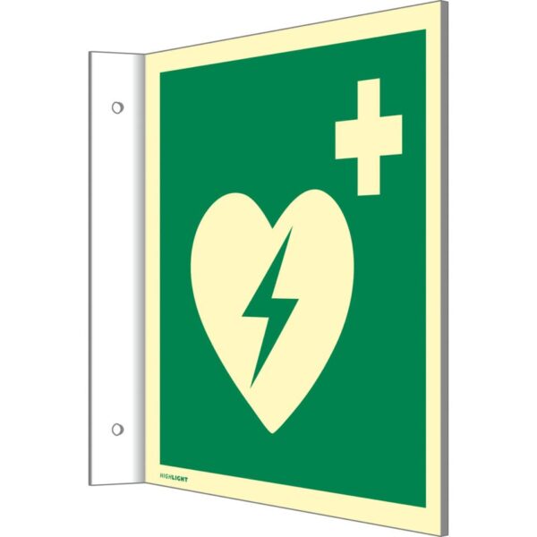 Fahnenschild Automat. externer Defibrillator,Kunststoff,nachl.,160-mcd,148x148mm