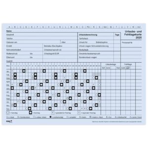 Urlaubs- und Fehltagekarte mit Wochentage-Einteilung 2025, 210 x 148 mm