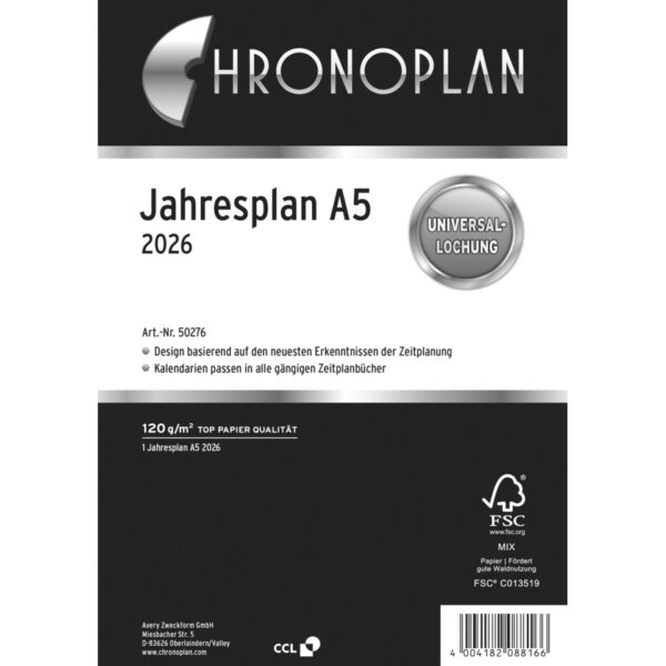 Jahresplan, A5, 2026, Weiß, 148 x 210 mm, Inhalt: 1 Blatt / 1 Stück