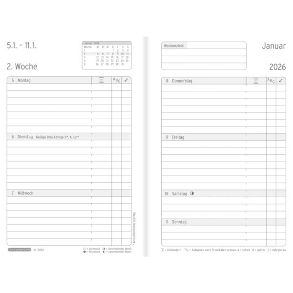 Wochenplan, Black Edition Mini, 2026, Schwarz, 95 x 140 x 7 mm, Inhalt: 64 Blätter / 1 Stück