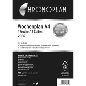 Wochenplan, A4, 2026, Weiß, 210 x 297 mm, Inhalt: 62 Blätter / 1 Stück