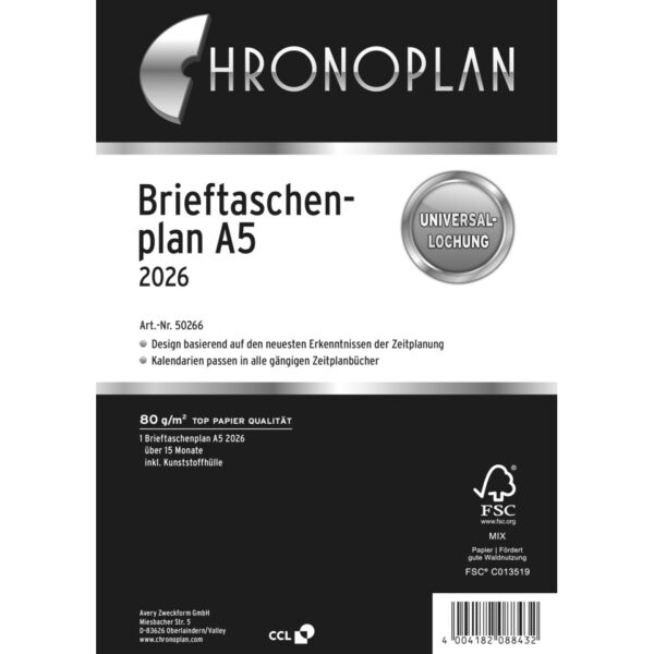 Brieftaschenplaner, A5, 2026, Weiß, 148 x 210 mm, Inhalt: 18 Blätter / 1 Stück