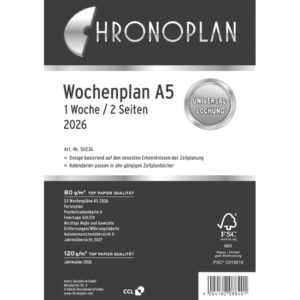 Wochenplan, A5, 2026, Weiß, 148 x 210 mm, Inhalt: 63 Blätter / 1 Stück